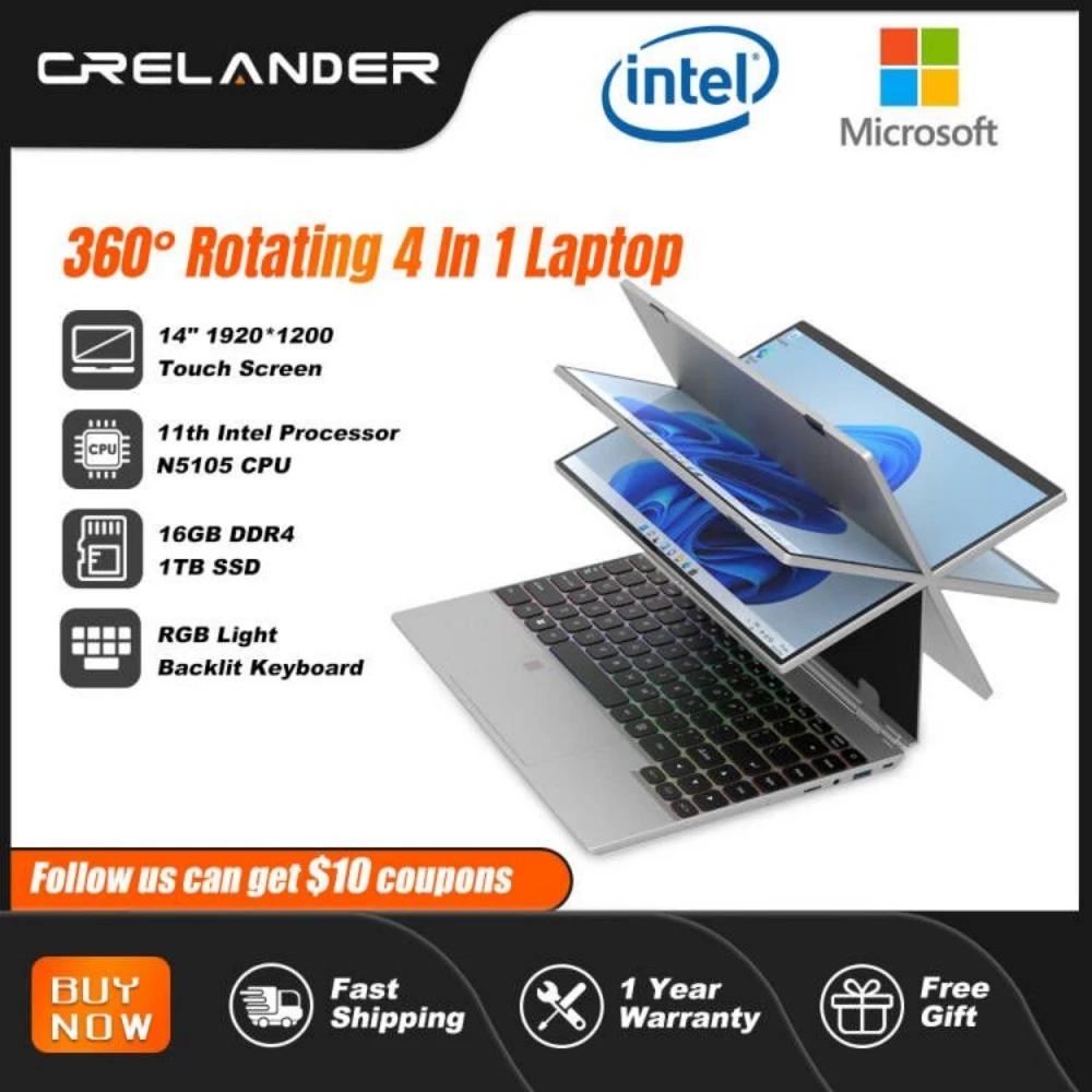 CRELANDER 360  ȸ ġ ũ Ʈ, 14 ġ,  N5105 RAM, 16GB,  11, ޴ PC Ʈ, 2 in 1 Ʈ
